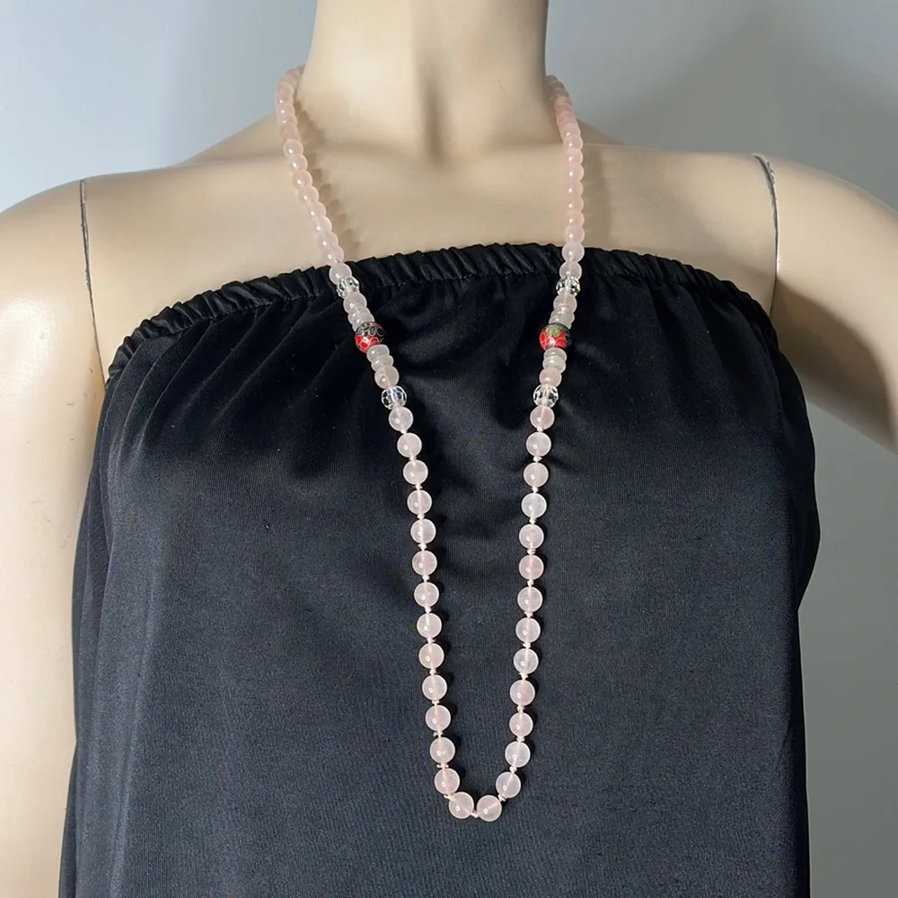 Pink Rose Quartz Beaded Necklace w Cloisonne & Aurora Borealis Accent Be…